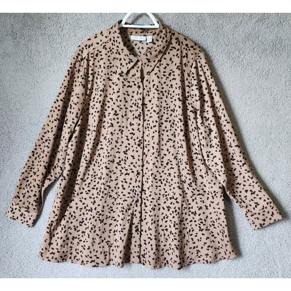 Susan Graver Women's Plus Size 1X Long Sleeve Button Up Peplum Top Peachskin